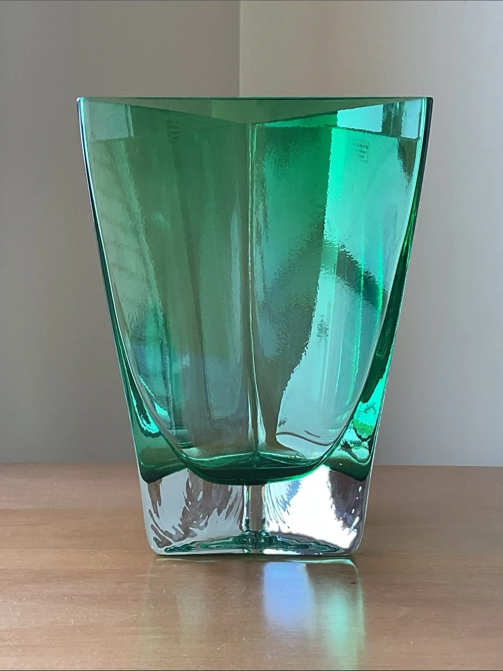 Triangular Green Vase, Glassworks Krosno, Poland 8.5” Tall